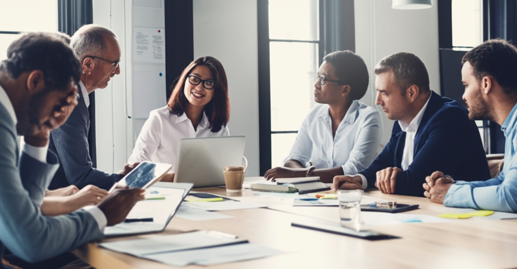 Equipe diversa de colaboradores em reunião discutindo saúde mental no ambiente corporativo